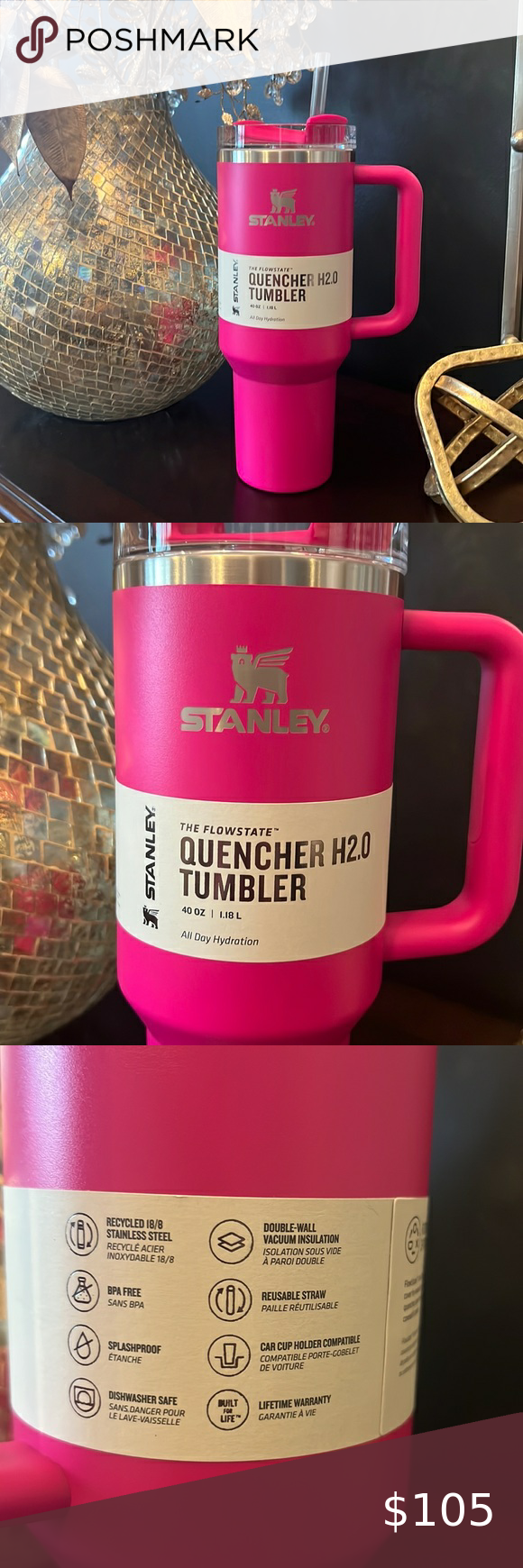 NWT Stanley 40 Oz. Quencher FlowState Tumbler Camelia Hot Pink - Stylish Stanley  Tumbler - Pink Barbie Citron Dye Tie